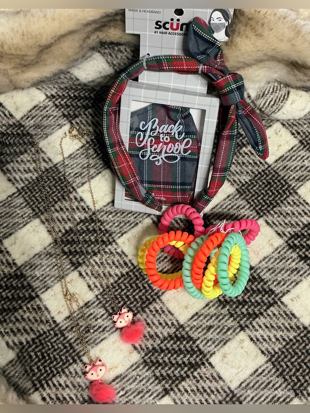 GIRLS SCUNCI HEADBAND & HAIR TIES BRACELETS & 2 FOX NECKLACES BUNDLE